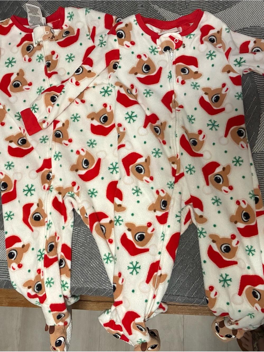 Kids Holiday Reindeer Fleece Footed Pajamas - White/Red
